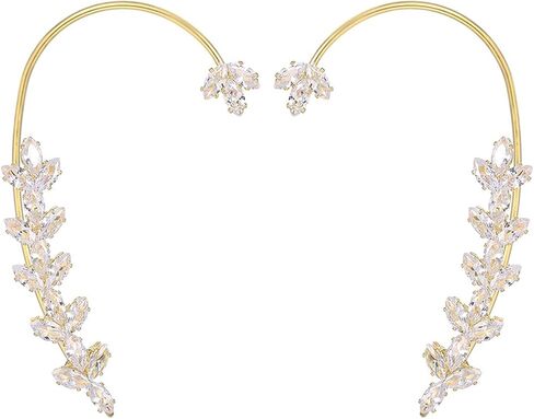 2PCS Sparkling Crystal Leaf Ear Cuffs Earrings for Women Vintage Zircon Ear Wrap Earrings Non-Pierced Cartilage Fake Earring Jewelry Gifts for Her in Kuwait