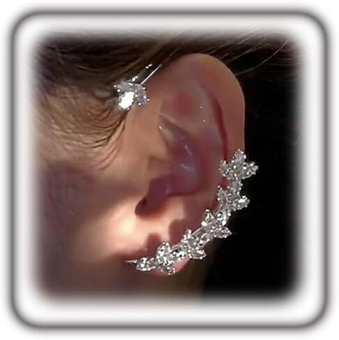 2PCS Sparkling Crystal Leaf Ear Cuffs Earrings for Women Vintage Zircon Ear Wrap Earrings Non-Pierced Cartilage Fake Earring Jewelry Gifts for Her in Kuwait