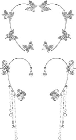 2 Pairs Dainty Silver Butterfly Ear Cuffs Wrap Fairy Costume Accessories Glitter Rhinestone Butterfly No Piercing Ear Clip Flower Climber Wrap Around Earring for Women Show Party Bridal Wedding in Saudi Arabia