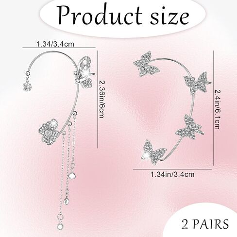 2 Pairs Dainty Silver Butterfly Ear Cuffs Wrap Fairy Costume Accessories Glitter Rhinestone Butterfly No Piercing Ear Clip Flower Climber Wrap Around Earring for Women Show Party Bridal Wedding in Saudi Arabia