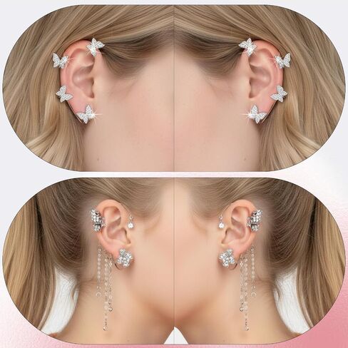 2 Pairs Dainty Silver Butterfly Ear Cuffs Wrap Fairy Costume Accessories Glitter Rhinestone Butterfly No Piercing Ear Clip Flower Climber Wrap Around Earring for Women Show Party Bridal Wedding in Saudi Arabia
