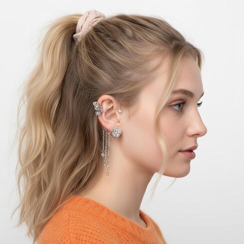 2 Pairs Dainty Silver Butterfly Ear Cuffs Wrap Fairy Costume Accessories Glitter Rhinestone Butterfly No Piercing Ear Clip Flower Climber Wrap Around Earring for Women Show Party Bridal Wedding in Saudi Arabia