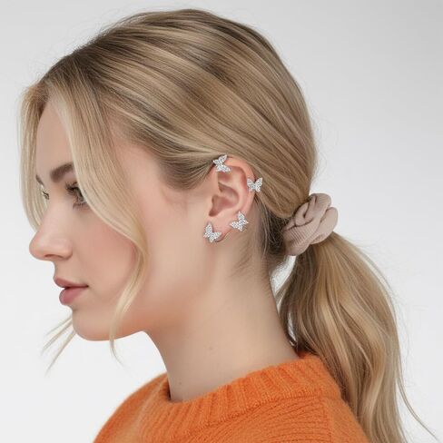 2 Pairs Dainty Silver Butterfly Ear Cuffs Wrap Fairy Costume Accessories Glitter Rhinestone Butterfly No Piercing Ear Clip Flower Climber Wrap Around Earring for Women Show Party Bridal Wedding in Saudi Arabia