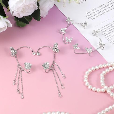 2 Pairs Dainty Silver Butterfly Ear Cuffs Wrap Fairy Costume Accessories Glitter Rhinestone Butterfly No Piercing Ear Clip Flower Climber Wrap Around Earring for Women Show Party Bridal Wedding in Saudi Arabia
