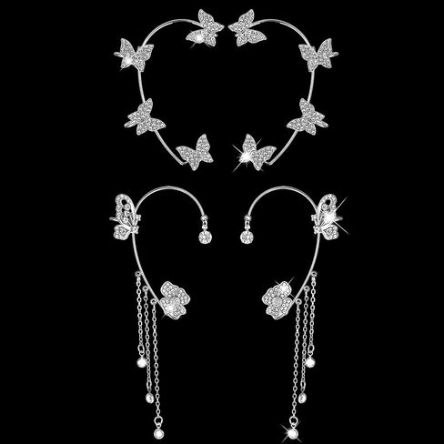 2 Pairs Dainty Silver Butterfly Ear Cuffs Wrap Fairy Costume Accessories Glitter Rhinestone Butterfly No Piercing Ear Clip Flower Climber Wrap Around Earring for Women Show Party Bridal Wedding in Saudi Arabia
