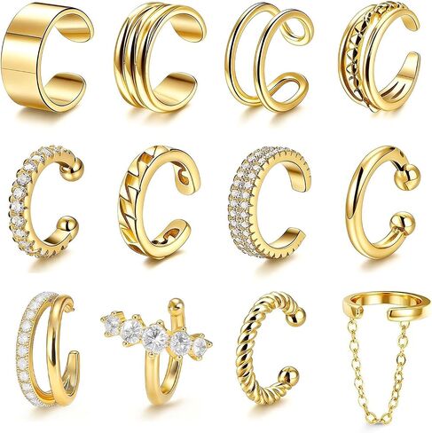 12Pcs Ear Cuffs Non Piercing 14K Gold Plated Ear Cuff Earrings for Women Adjustable Non Pierced Ears Clip on Cartilage Earrings Set Jewelry in Kuwait