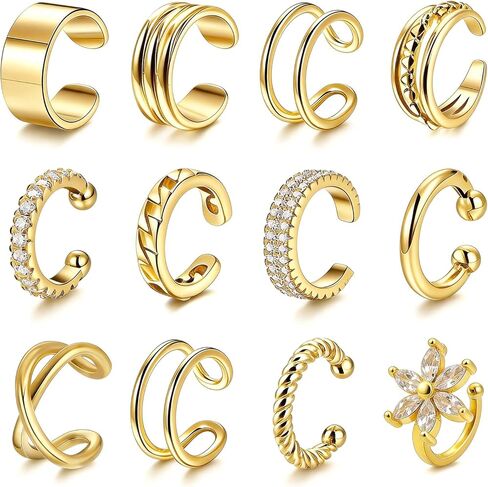 12Pcs Ear Cuffs Non Piercing 14K Gold Plated Ear Cuff Earrings for Women Adjustable Non Pierced Ears Clip on Cartilage Earrings Set Jewelry in Kuwait