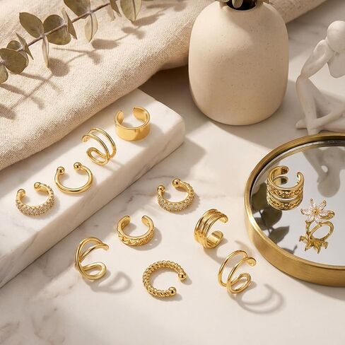 12Pcs Ear Cuffs Non Piercing 14K Gold Plated Ear Cuff Earrings for Women Adjustable Non Pierced Ears Clip on Cartilage Earrings Set Jewelry in Kuwait