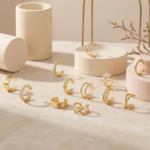 12Pcs Ear Cuffs Non Piercing 14K Gold Plated Ear Cuff Earrings for Women Adjustable Non Pierced Ears Clip on Cartilage Earrings Set Jewelry in Kuwait