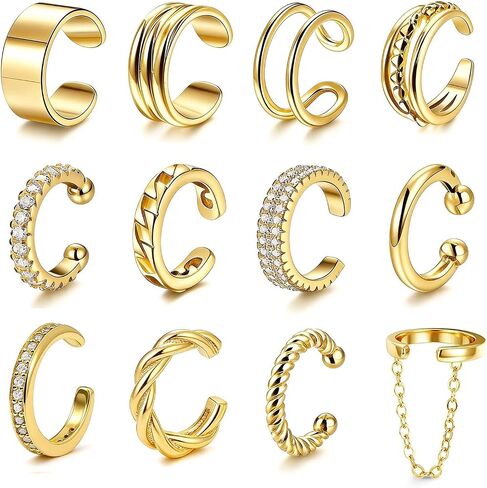 12Pcs Ear Cuffs Non Piercing 14K Gold Plated Ear Cuff Earrings for Women Adjustable Non Pierced Ears Clip on Cartilage Earrings Set Jewelry in Kuwait