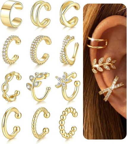 Ear Cuffs Non Piercing 14K Gold Plated Clip on Cartilage Earring for Women - Adjustable Lightweight Fake Piercings Ear Cuff Earrings Hypoallergenic Non Tarnish Earrings Jewelry in Kuwait