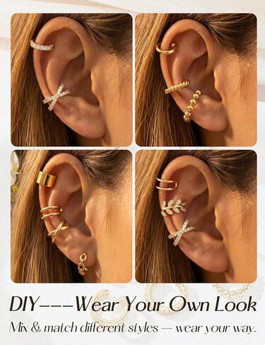 Ear Cuffs Non Piercing 14K Gold Plated Clip on Cartilage Earring for Women - Adjustable Lightweight Fake Piercings Ear Cuff Earrings Hypoallergenic Non Tarnish Earrings Jewelry in Kuwait