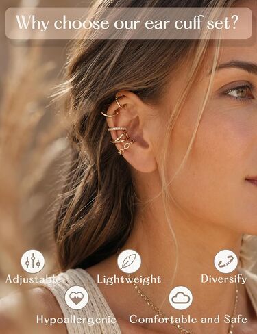 Ear Cuffs Non Piercing 14K Gold Plated Clip on Cartilage Earring for Women - Adjustable Lightweight Fake Piercings Ear Cuff Earrings Hypoallergenic Non Tarnish Earrings Jewelry in Kuwait