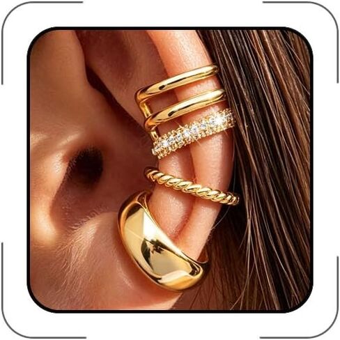 Ear Cuff Earrings for Women 14K Gold Plated Ear Cuffs Non Pierced Clip on Cartilage Earrings Cubic Zirconia Fake Piercings Earring Set Dainty Gold Statement Earring Trendy Jewelry for Women in Kuwait