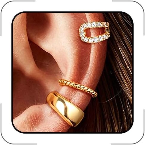 Ear Cuff Earrings for Women 14K Gold Plated Ear Cuffs Non Pierced Clip on Cartilage Earrings Cubic Zirconia Fake Piercings Earring Set Dainty Gold Statement Earring Trendy Jewelry for Women in Kuwait