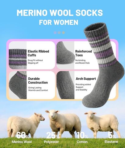 SIMIYA 5 Pairs Merino Wool Socks for Women Winter Thick Warm Hiking Socks Women Thermal Crew Cushion Socks in Kuwait