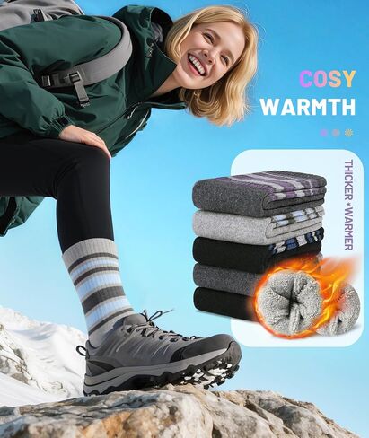 SIMIYA 5 Pairs Merino Wool Socks for Women Winter Thick Warm Hiking Socks Women Thermal Crew Cushion Socks in Kuwait