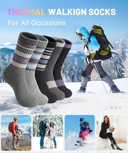 SIMIYA 5 Pairs Merino Wool Socks for Women Winter Thick Warm Hiking Socks Women Thermal Crew Cushion Socks in Kuwait