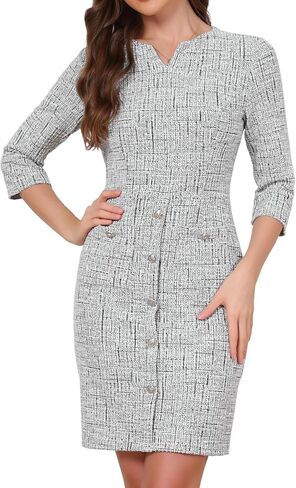Allegra K Tweed Dress for Women Vintage 3/4 Sleeve Business Office Wear to Work Sheath Dress in Kuwait