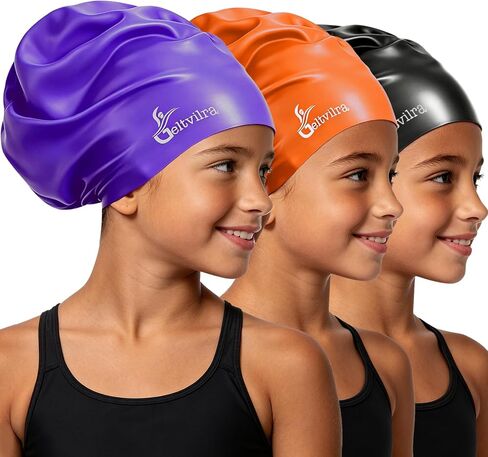 3 Pack Waterproof Silicone Extra Large Swim Cap for Kids Girls Aged 4 to 16 Boys Toddler with Long Thick Curly Hair, Braids, Dreadlocks, Locs in Saudi Arabia