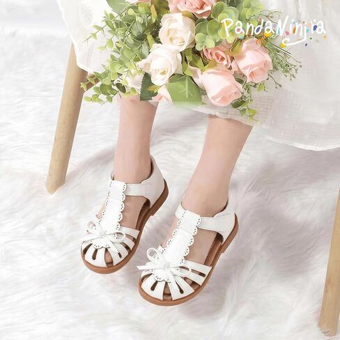 PANDANINJIA Toddler Girls Sandals Closed Toe T-Strap Kids Flower Girl Dress Summer Flats Sandals Cute Bow Shoes in Kuwait