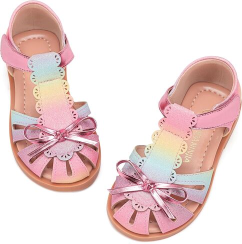 PANDANINJIA Toddler Girls Sandals Closed Toe T-Strap Kids Flower Girl Dress Summer Flats Sandals Cute Bow Shoes in Kuwait
