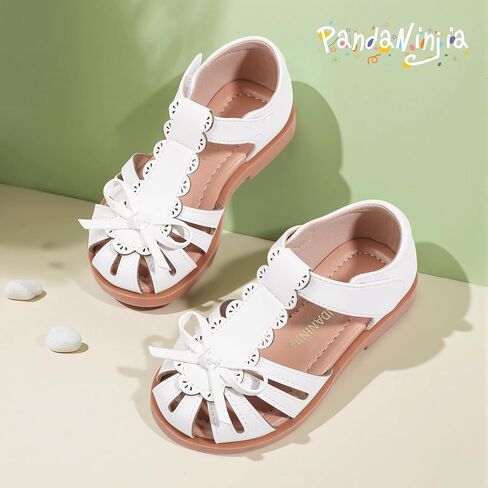 PANDANINJIA Toddler Girls Sandals Closed Toe T-Strap Kids Flower Girl Dress Summer Flats Sandals Cute Bow Shoes in Kuwait