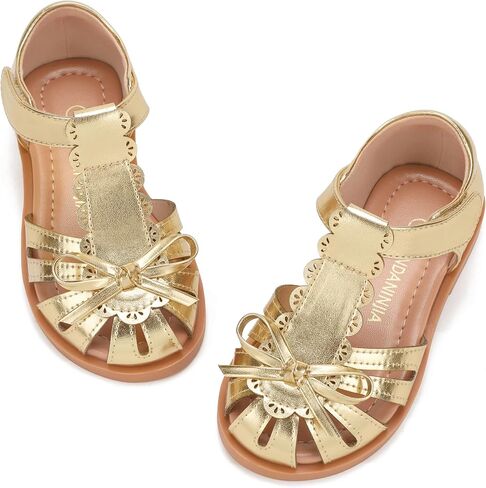 PANDANINJIA Toddler Girls Sandals Closed Toe T-Strap Kids Flower Girl Dress Summer Flats Sandals Cute Bow Shoes in Kuwait