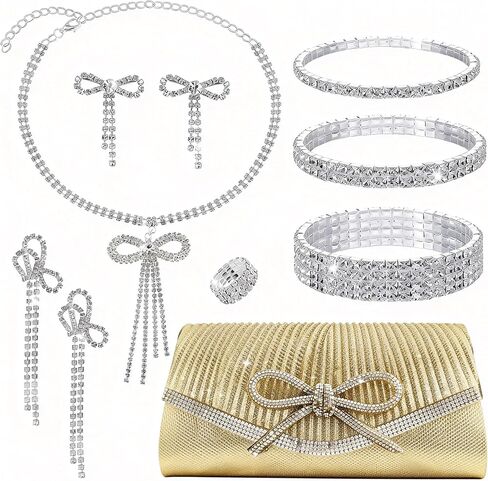 10 Pcs Bow Rhinestone Jewelry Set for Women Bride Wedding Prom Jewelry Evening Rhinestone Sparkly Clutch Purse Bag Bow Necklace Tennise Layered Bracelets CZ Ring Crystal Drop Earring Set in Kuwait