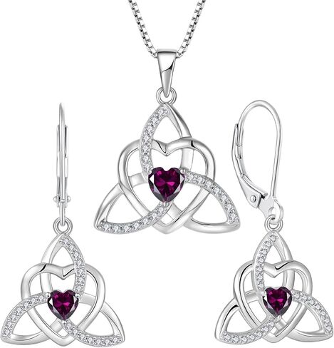 Celtic Knot Heart Necklace Earrings 925 Sterling Silver Trinity Love Knot Pendant Amethyst Birthstone February Jewelry Set for Women in Kuwait