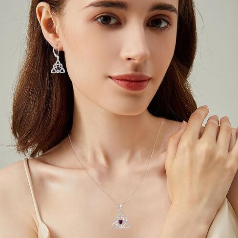 Celtic Knot Heart Necklace Earrings 925 Sterling Silver Trinity Love Knot Pendant Amethyst Birthstone February Jewelry Set for Women in Kuwait