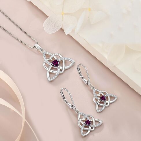 Celtic Knot Heart Necklace Earrings 925 Sterling Silver Trinity Love Knot Pendant Amethyst Birthstone February Jewelry Set for Women in Kuwait