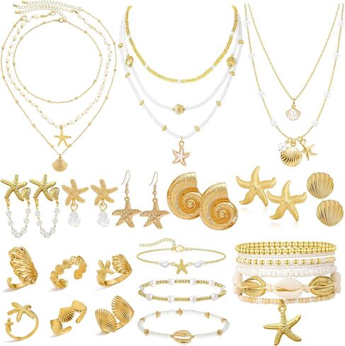 GIFIKOI 36Pcs Starfish Seashell Jewelry Set for Women Layer Necklace Bracelets Anklets Stackable Shell Starfish Rings Earrings Pearl Beach Vacation Accessories Set in Kuwait