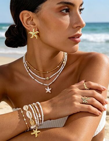 GIFIKOI 36Pcs Starfish Seashell Jewelry Set for Women Layer Necklace Bracelets Anklets Stackable Shell Starfish Rings Earrings Pearl Beach Vacation Accessories Set in Kuwait