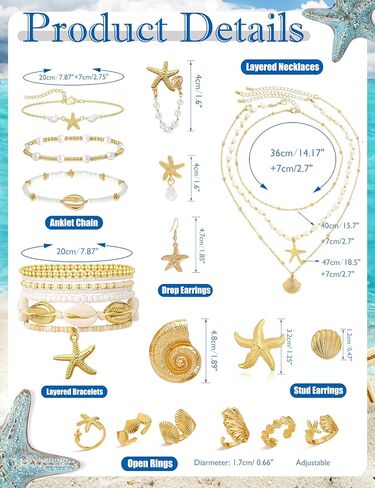 GIFIKOI 36Pcs Starfish Seashell Jewelry Set for Women Layer Necklace Bracelets Anklets Stackable Shell Starfish Rings Earrings Pearl Beach Vacation Accessories Set in Kuwait