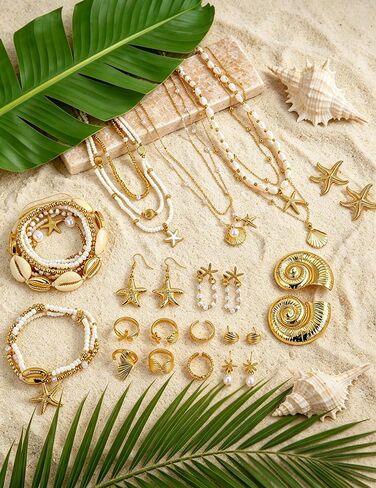 GIFIKOI 36Pcs Starfish Seashell Jewelry Set for Women Layer Necklace Bracelets Anklets Stackable Shell Starfish Rings Earrings Pearl Beach Vacation Accessories Set in Kuwait