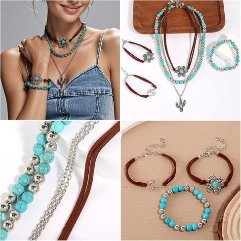 64 pieces Silver Bohemian Jewelry Sets with 6 pcs Turquoise Necklaces 7 pcs Bracelets 15 pairs Earrings 21 pcs Knuckle Rings Suitable for Daily life Gatherings Party Festivals and Travel in Saudi Arabia