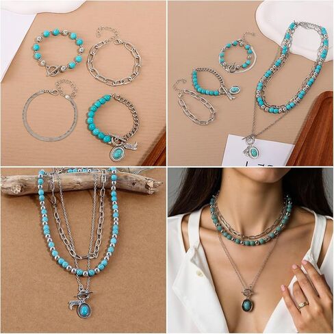 64 pieces Silver Bohemian Jewelry Sets with 6 pcs Turquoise Necklaces 7 pcs Bracelets 15 pairs Earrings 21 pcs Knuckle Rings Suitable for Daily life Gatherings Party Festivals and Travel in Saudi Arabia