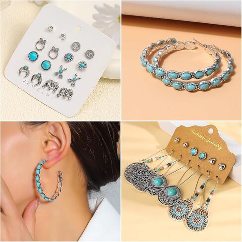 64 pieces Silver Bohemian Jewelry Sets with 6 pcs Turquoise Necklaces 7 pcs Bracelets 15 pairs Earrings 21 pcs Knuckle Rings Suitable for Daily life Gatherings Party Festivals and Travel in Saudi Arabia