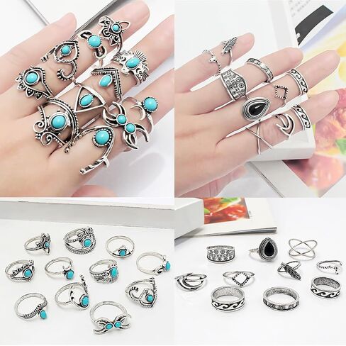 64 pieces Silver Bohemian Jewelry Sets with 6 pcs Turquoise Necklaces 7 pcs Bracelets 15 pairs Earrings 21 pcs Knuckle Rings Suitable for Daily life Gatherings Party Festivals and Travel in Saudi Arabia