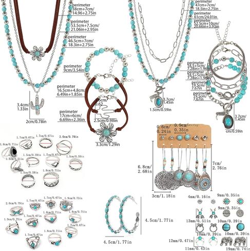 64 pieces Silver Bohemian Jewelry Sets with 6 pcs Turquoise Necklaces 7 pcs Bracelets 15 pairs Earrings 21 pcs Knuckle Rings Suitable for Daily life Gatherings Party Festivals and Travel in Saudi Arabia