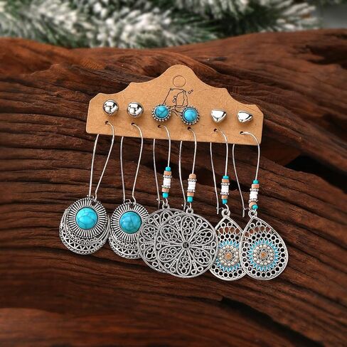 64 pieces Silver Bohemian Jewelry Sets with 6 pcs Turquoise Necklaces 7 pcs Bracelets 15 pairs Earrings 21 pcs Knuckle Rings Suitable for Daily life Gatherings Party Festivals and Travel in Saudi Arabia