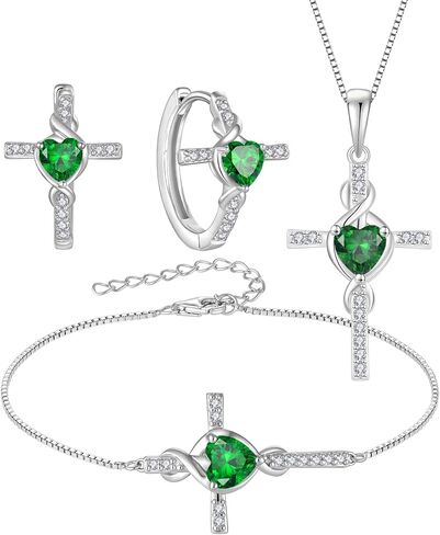 Infinity Cross Jewelry Set for Women Emerald Necklace & Earrings & Bracelet May Birthstone Jewelry in Kuwait