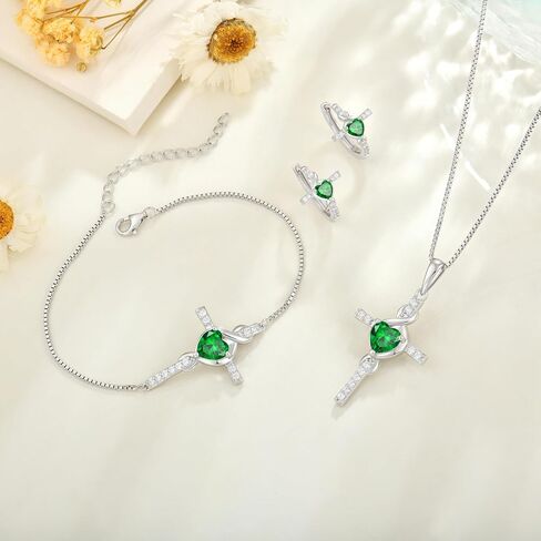 Infinity Cross Jewelry Set for Women Emerald Necklace & Earrings & Bracelet May Birthstone Jewelry in Kuwait