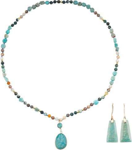 2 Pcs Boho Lapis Lazuli Jewelry Set for Women - Handmade Natural Stone Beaded Long Necklace with Oval Lapis Lazuli Pendant & Trapezoid Lapis Lazuli Earrings | Vintage Elegance | Ideal Gift for Her in Saudi Arabia