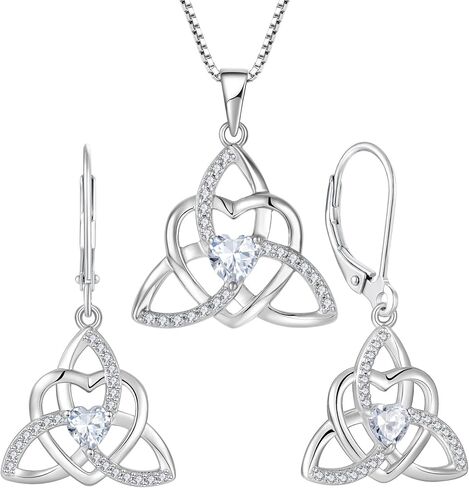 Trinity Knot Necklace Earrings 925 Sterling Silver Celtic Knot Love Heart Knot Pendant White Birthstone April Jewelry Set for Women in Kuwait