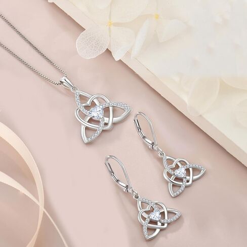 Trinity Knot Necklace Earrings 925 Sterling Silver Celtic Knot Love Heart Knot Pendant White Birthstone April Jewelry Set for Women in Kuwait