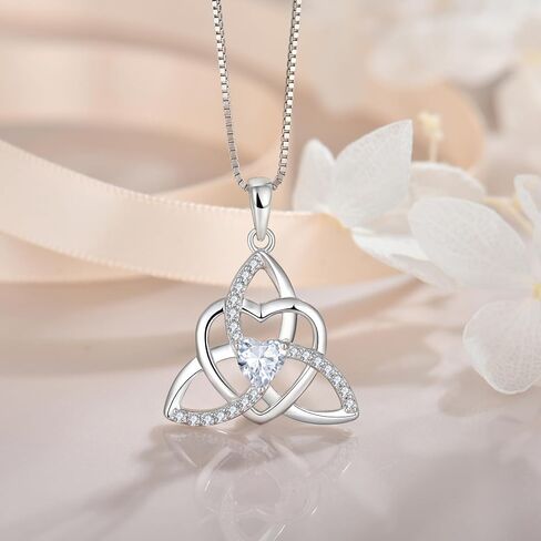 Trinity Knot Necklace Earrings 925 Sterling Silver Celtic Knot Love Heart Knot Pendant White Birthstone April Jewelry Set for Women in Kuwait
