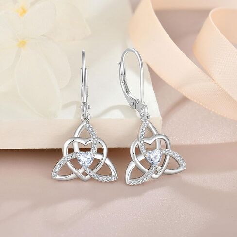 Trinity Knot Necklace Earrings 925 Sterling Silver Celtic Knot Love Heart Knot Pendant White Birthstone April Jewelry Set for Women in Kuwait