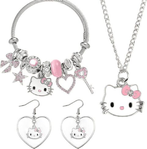 3pcs Cartoon Kitty Bracelets and Necklace Set For Valentine's Day Beads Charms Adjustable Stainless Steel Chain Accessories Cute Stuff Bangle for Women for girl birthday. in Kuwait